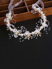 1pc Flower Girl Headpiece, Korean Princess Forest Style Floral Crown Headband, Suitable For Weddings, Parties, Formal Ceremonies, Pearl Flower Wreath Headband, Sweet European-Style Wedding Teen Headpiece. Valentine's Day Gift. - Multicolor - View 6