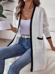 Cardigan à manches longues avec poches et épaules tombantes, aux couleurs contrastées, pour femmes, nouvelle collection automne/hiver