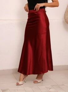 Women's Long Satin Skirt With Zipper - Burdeos - Ver 4