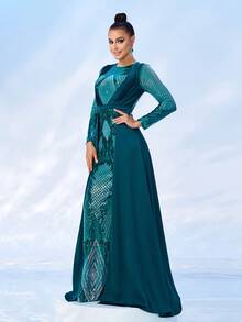 Missord Đầm dự tiệc tối quyến rũ cổ tròn tay dài đính sequin hình học cho nữ, Đầm dạ hội trang trọng thanh lịch, Dành cho khách dự tiệc cưới, Tốt nghiệp, Tiệc tối - Màu xanh lá cây đậm - Xem 5