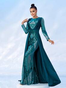 Missord Đầm dự tiệc tối quyến rũ cổ tròn tay dài đính sequin hình học cho nữ, Đầm dạ hội trang trọng thanh lịch, Dành cho khách dự tiệc cưới, Tốt nghiệp, Tiệc tối - Màu xanh lá cây đậm - Xem 2