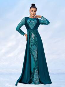 Missord Đầm dự tiệc tối quyến rũ cổ tròn tay dài đính sequin hình học cho nữ, Đầm dạ hội trang trọng thanh lịch, Dành cho khách dự tiệc cưới, Tốt nghiệp, Tiệc tối - Màu xanh lá cây đậm - Xem 4