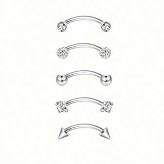 5 Pcs 16G Stainless Steel Curved Eyebrow Rings Barbells Piercing Jewelry Set Simple Designs For Eyebrow Ear, Belly, Lip, And Body 6/8/10mm