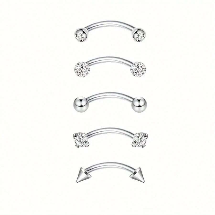 5 Pcs 16G Stainless Steel Curved Eyebrow Rings Barbells Piercing Jewelry Set Simple Designs For Eyebrow Ear, Belly, Lip, And Body 6/8/10mm