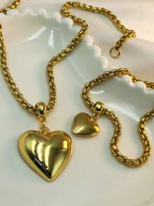 Conjunto Colar e pulseira semijoia coração dourado corrente veneziana fina com verniz italiano