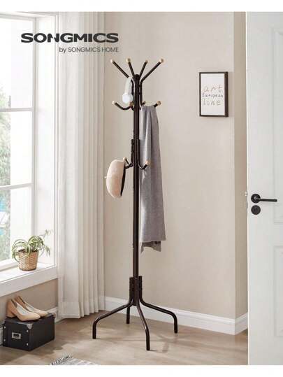 SONGMICS Coat Rack Freestanding, Metal Coat Rack Stand With 12 Hooks And 4 Legs, Coat Tree, Holds Clothes, Hats, And Bags, For Entryway, Living Room, Bedroom, 21.7"D X 21.7"W X 70.9"H, Coffee Brown