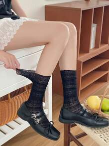 1双黑色蕾丝纹理短袜，甜美百搭的夏季新款宽松袜，舒适保暖 - 黑色 - 查看 2