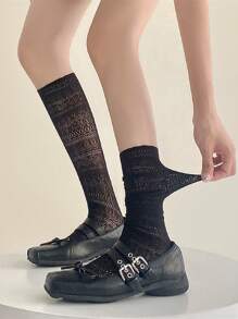 1双黑色蕾丝纹理短袜，甜美百搭的夏季新款宽松袜，舒适保暖 - 黑色 - 查看 9