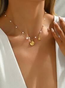 1pc Women's Stainless Steel 18K Gold Plated Pearl, Seashell & Starfish Necklace Fashionable Jewelry - Gold - View 3