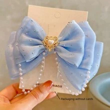 1pc Fashion Girls' Crystal & Pearl Decor Bow Hair Clip, No Card Packaging - Blue - View 2
