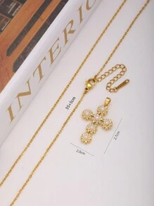 1pc Lovely Pearl Decor Stainless Steel Cross Necklace Pendant, Suitable For Party, Gathering, Daily Wear