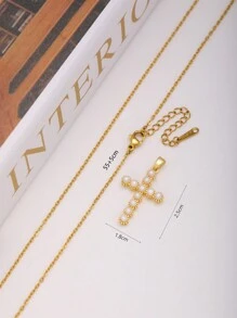 1pc Lovely Pearl Decor Stainless Steel Cross Necklace Pendant, Suitable For Party, Gathering, Daily Wear