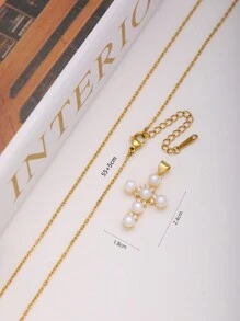 1pc Lovely Pearl Decor Stainless Steel Cross Necklace Pendant, Suitable For Party, Gathering, Daily Wear