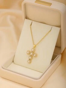 1pc Lovely Pearl Decor Stainless Steel Cross Necklace Pendant, Suitable For Party, Gathering, Daily Wear