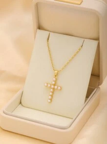 1pc Lovely Pearl Decor Stainless Steel Cross Necklace Pendant, Suitable For Party, Gathering, Daily Wear