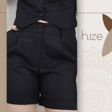 WOMEN'S LINEN SET, CROPPED VEST AND SHORTS WITH POCKET AND FOLDED-UP HEM BLOGGER - màu đen - Xem 3