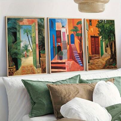 3 pezzi/set Arte da parete su tela ispirata al marocchino - cartellone senza cornice dall'estetica vintage per il soggiorno, orientamento ritratto interno, stampe su tela per la decorazione della casa moderna, senza cornice