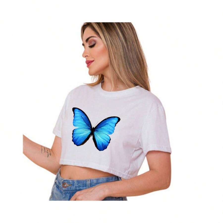 Blouse Cropped Blouse Blue Butterfly T-Shirt Summer Short - 白色 - 查看 1