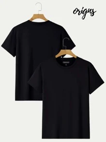 Men's Basic Plain Short Sleeve Cotton T-Shirt Colors ORIGNS - 黑色 - 查看 2