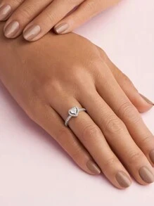 1 件闪亮立方白锆石心形订婚戒指结婚戒指女士承诺戒指永恒戒指情人节精美女士珠宝礼物 - 銀色 - 查看 5