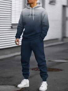 男士两件套运动套装，春秋季抗皱渐变字母印花抽绳连帽衫和运动裤，休闲街头时尚运动服，秋季服装 - 藍色 - 查看 2