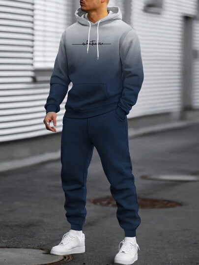 Ensemble de survêtement 2 pièces pour hommes, sweat-shirt à capuche et pantalon de jogging imprimés de lettres et graphiques dégradés résistants aux froissements, avec cordon de serrage. Vêtements de sport de mode de rue casual pour l'automne.