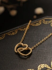 1 Stück Edelstahl Doppel-Kreis-Herz Anhänger Halskette, 18K Goldfarben Doppel-Herz Charm, geeignet für den täglichen Gebrauch für Frauen am Valentinstag - Gold - Übersicht 5