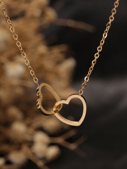 1pc Stainless Steel Double Circle Heart Pendant Necklace, 18K Gold Color Double Heart Charm, Suitable For Daily Wear For Women Valentines