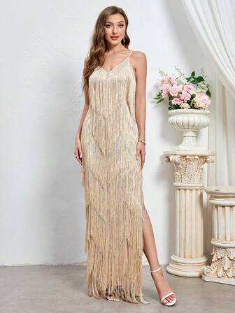 Women's Elegant Spaghetti Strap Tassel Side Slit Maxi Formal Dress Party Dress Wedding Guest Dress Evening Dress,Gown