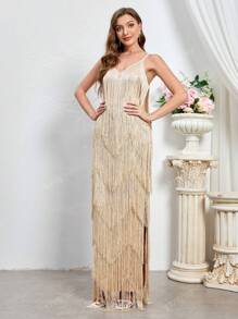Vestido Longo Formal Elegante Feminino com Alças Finas, Franjas Laterais e Abertura, Vestido de Festa, Vestido de Convidada de Casamento, Vestido de Noite