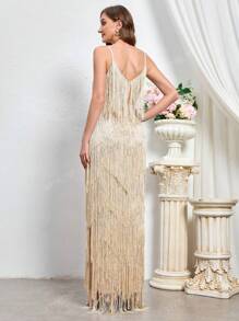 Vestido Longo Formal Elegante Feminino com Alças Finas, Franjas Laterais e Abertura, Vestido de Festa, Vestido de Convidada de Casamento, Vestido de Noite