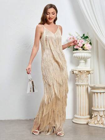 Women's Elegant Spaghetti Strap Tassel Side Slit Maxi Formal Dress Party Dress Wedding Guest Dress Evening Dress,Gown