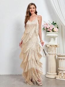 Vestido Longo Formal Elegante Feminino com Alças Finas, Franjas Laterais e Abertura, Vestido de Festa, Vestido de Convidada de Casamento, Vestido de Noite