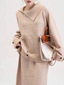 2 件女士休闲纯色插肩袖宽松毛衣和针织中裙套装，秋冬 - 卡其色 - 查看 7