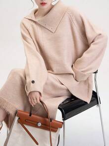2 件女士休闲纯色插肩袖宽松毛衣和针织中裙套装，秋冬 - 卡其色 - 查看 3