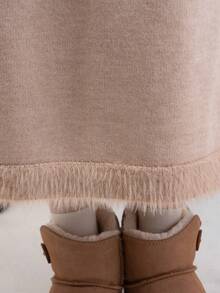 2 件女士休闲纯色插肩袖宽松毛衣和针织中裙套装，秋冬 - 卡其色 - 查看 4