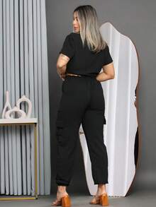 Duna Women's Cargo Pants And Short Sleeve Crop Top Set - màu đen - Xem 2
