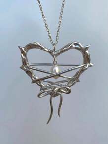 1 件心形、蝴蝶结和荆棘装饰珍珠空心吊坠项链，适合女朋友，时尚个性，适合派对和日常服装配饰情人节、妈妈、母亲、母亲节、礼物 - 銀色 - 查看 5