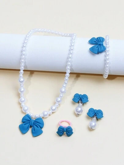 5pcs/Set Girls' Cute Bow Pendant Necklace, Bracelet, Earrings, Ring Jewelry Set, Charming Beaded Children's Jewelry, Suitable For Girls' Birthday Party Gifts