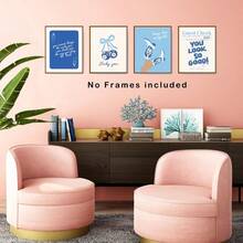 4 件，印刷海报图片，海军蓝海岸女牛仔蓝 8 球樱桃蝴蝶结，适用于墙壁艺术房间装饰卧室宿舍，无框 - 混色 - 查看 2