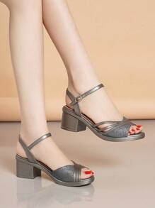 New Summer Chunky Heel Apricot Fashion Versatile Strap High Heel Sandals - Dark Grey - View 4