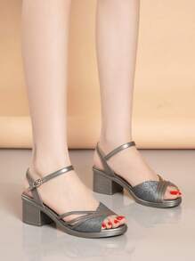New Summer Chunky Heel Apricot Fashion Versatile Strap High Heel Sandals - Dark Grey - View 6