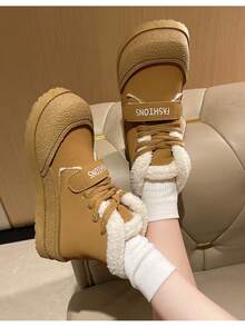 2024 新款冬季女式厚毛绒衬里高帮雪地靴，保暖内衬圆头防滑平底踝靴 - 棕色 - 查看 6