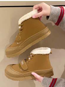 2024 新款冬季女式厚毛绒衬里高帮雪地靴，保暖内衬圆头防滑平底踝靴 - 棕色 - 查看 2