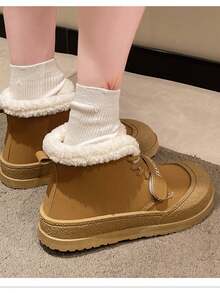 2024 新款冬季女式厚毛绒衬里高帮雪地靴，保暖内衬圆头防滑平底踝靴 - 棕色 - 查看 3