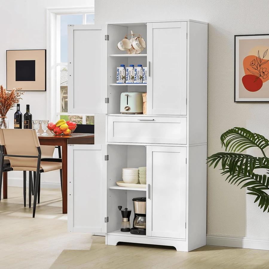 SLINEMO Kitchen Pantry Storage Cabinet, Tall Freestanding Cupboard With 1 Large Drawer, 2 Adjustable Shelves, For Dining Room, Living Room, Laundry, White - 白色 - 查看 1
