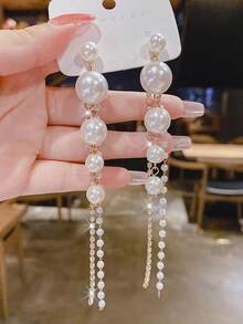1 cặp hoa tai tua rua đính đá và ngọc trai phong cách Châu Âu & Mỹ cổ điển, hoa tai tuyên bố thời trang - Màu be - Xem 8