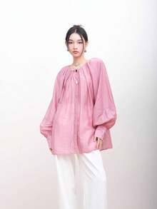 Bluzka damska z rękawem do łokcia, wyjątkowy design, słodka elegancja, wysokiej jakości koszula - Wrzosowy - Zobacz 7