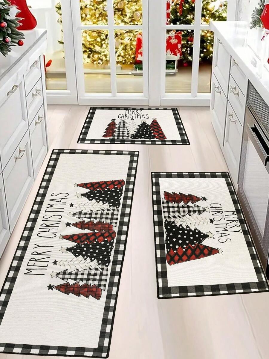 Paillasson de Noël, paillasson antidérapant noir et blanc à carreaux avec sapin de Noël, grand paillasson d'entrée lavable pour porte d'entrée, tapis de sol pour décoration de Noël, cadeau de Noël 2024 et Nouvel An 2025