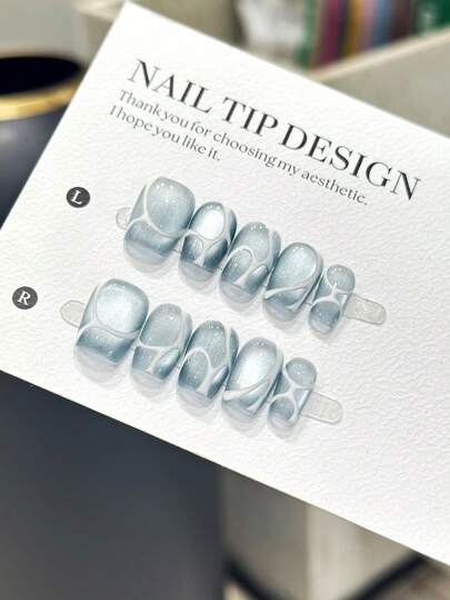 10 件手工短梯形指甲贴，不对称手绘灰蓝色猫眼设计，适合休闲场合的美甲贴花，按压式指甲，美甲用品，指甲